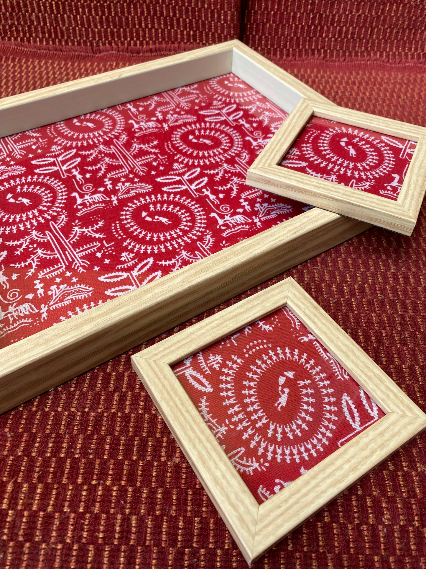 Red Warli Tray and Coaster Set