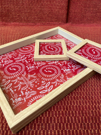 Red Warli Tray and Coaster Set