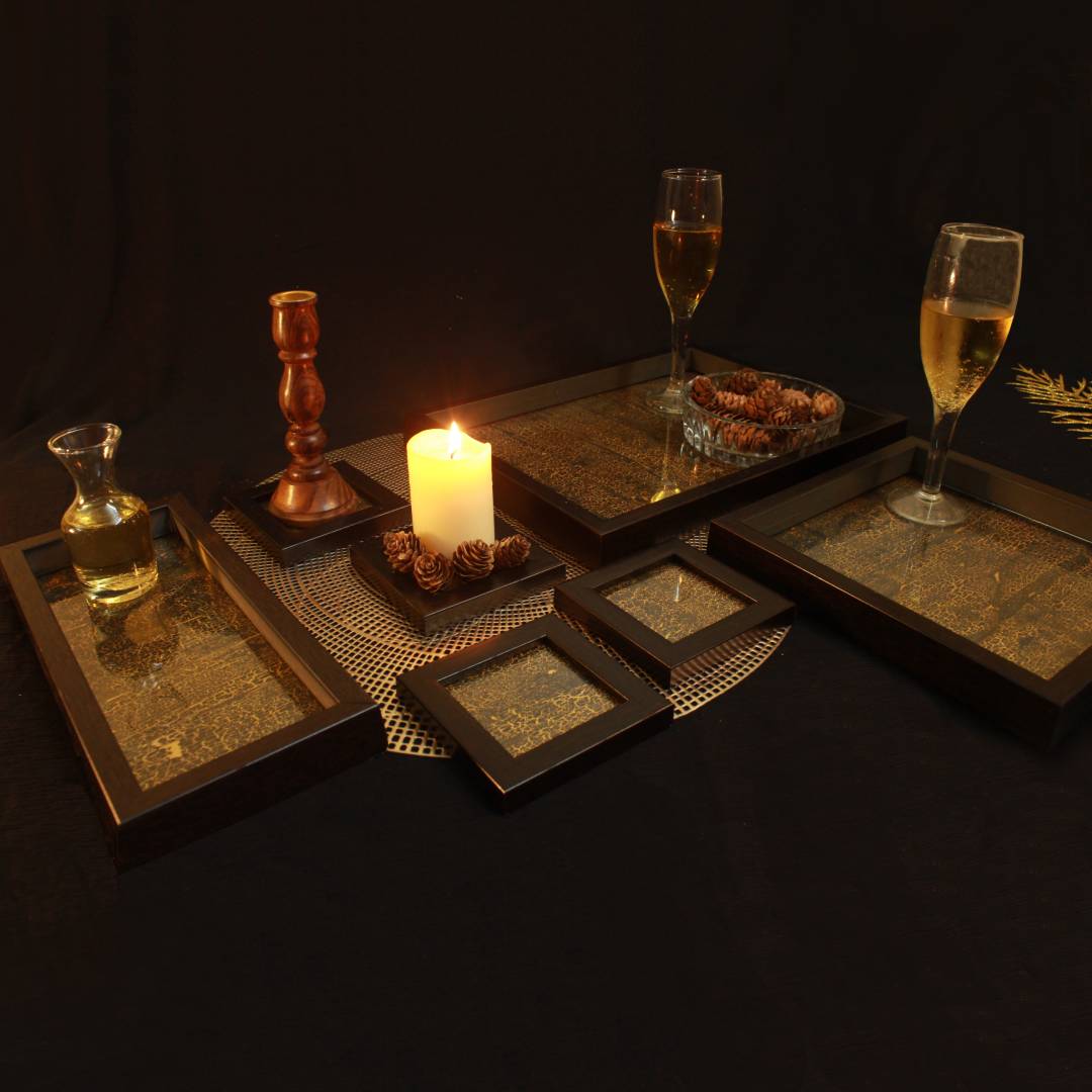 Golden Crackle Elongated Tray with 2 Coasters