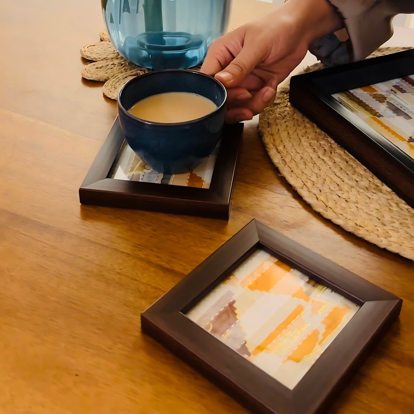 Customizable wedding favors with elegant packaging and personalized details.  Stylish Trikon coasters with a modern triangle design in sunny yellow.