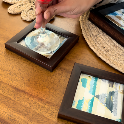 Elegant blue coasters with a modern design. Set of handmade ethnic coasters with vibrant designs